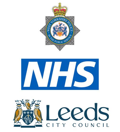 West Yorkshire Police, NHS and Leeds City Council logos
